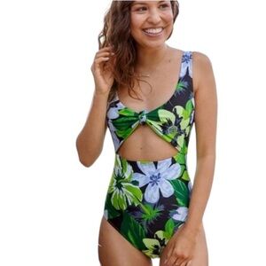 Aerie Knot One Piece Swimsuit green blue floral Sz M